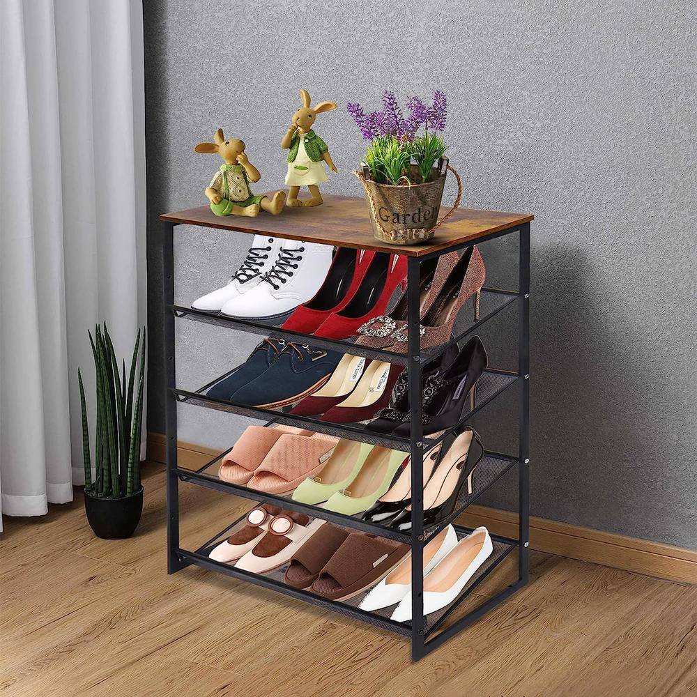 None 36 in. H 16-Pair Black Metal 5-Tiers Shoe Rack