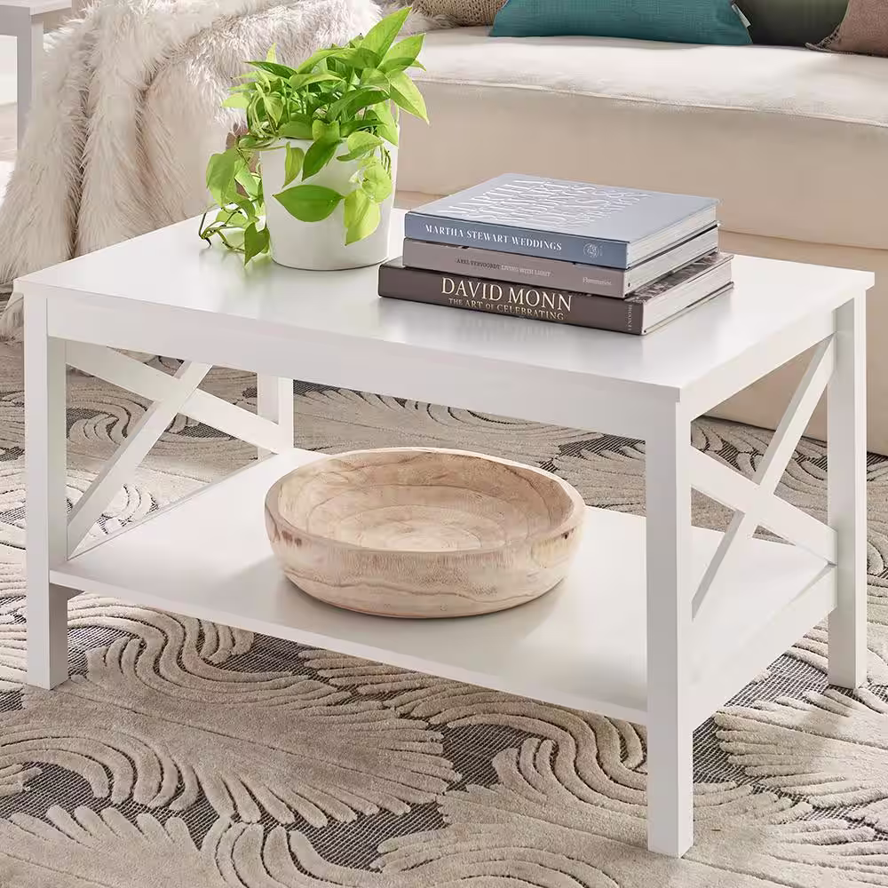 ClosetMaid X-Frame 2-Tier 19.6 in. H x 35.4 in. W x 21.7 in. D Laminated Wood Coffee Table Shelving Unit in White