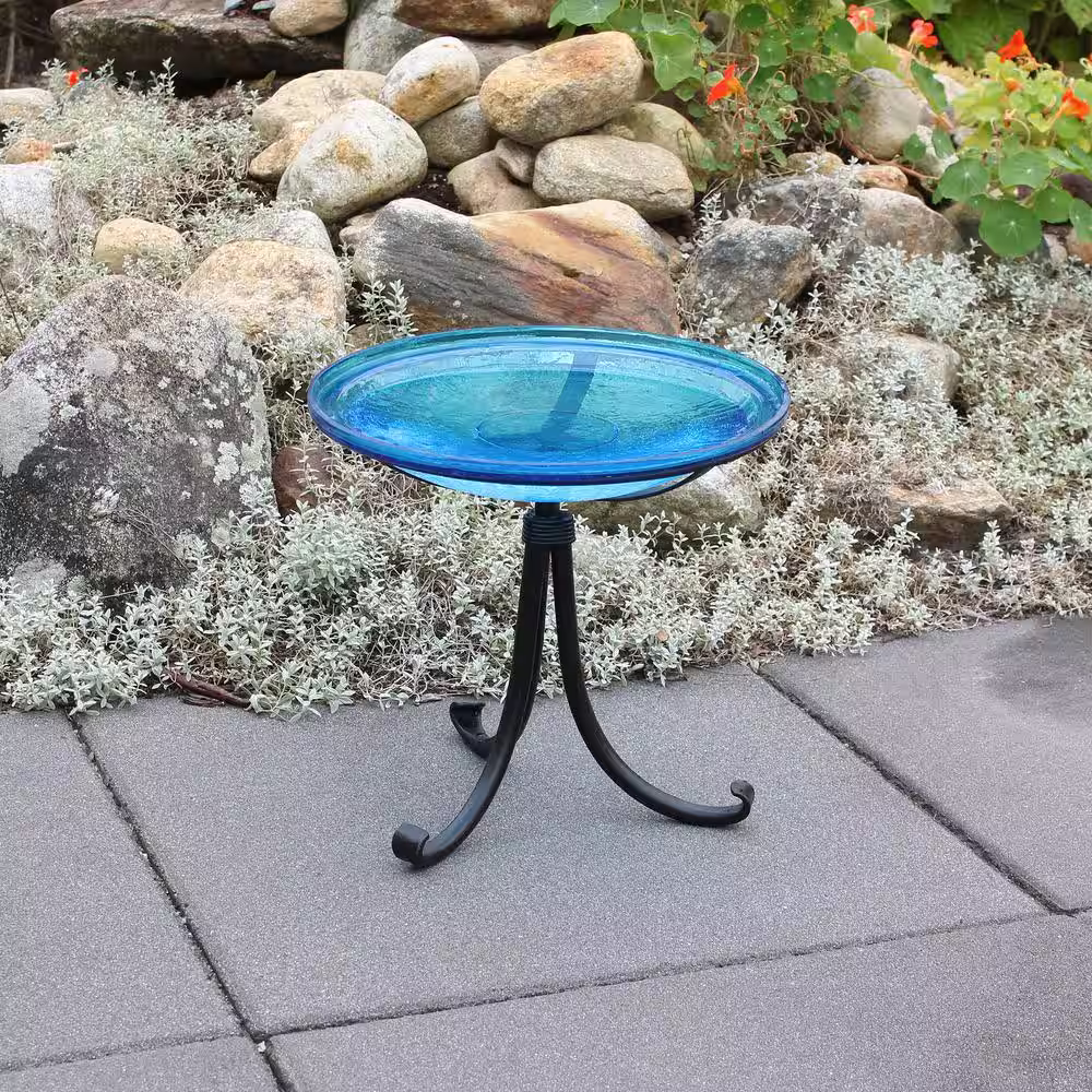 ACHLA DESIGNS 14 in. Dia Round Teal Blue Crackle Glass Birdbath with Black Wrought Iron Tripod Stand