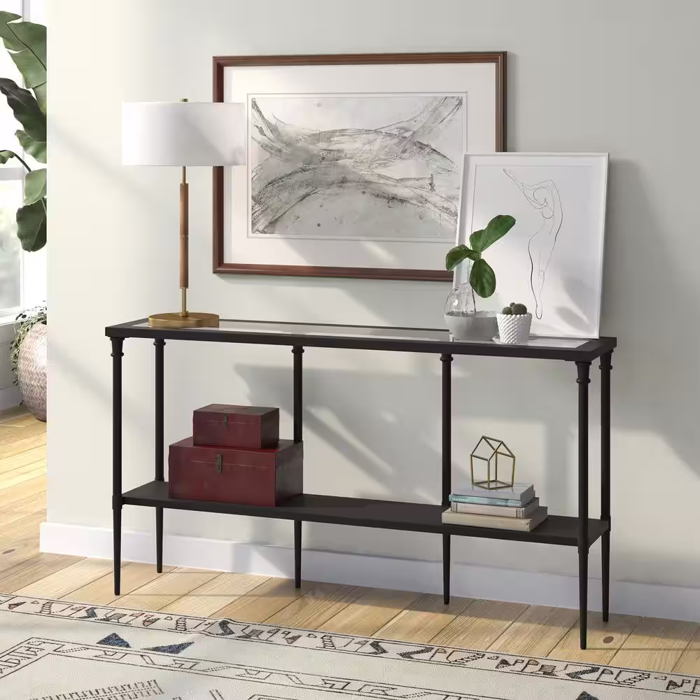 Meyer&Cross Nellie 55 in. Blackened Bronze Rectangle Glass Console Table with Solid Metal Shelf