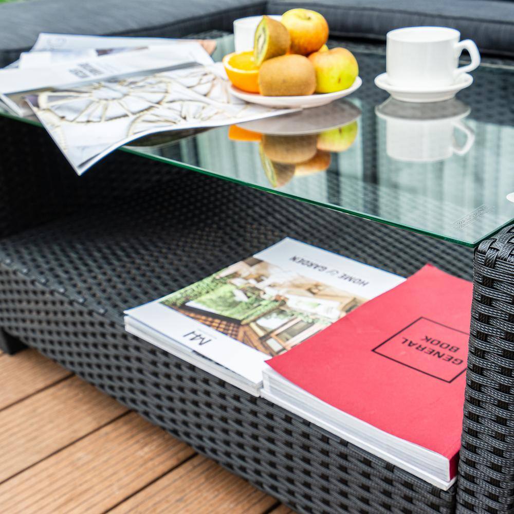 MADE 4 HOME Versailles Black 4-Piece Wicker Patio Conversation Sectional Seating Set with Black Cushions and Ottoman