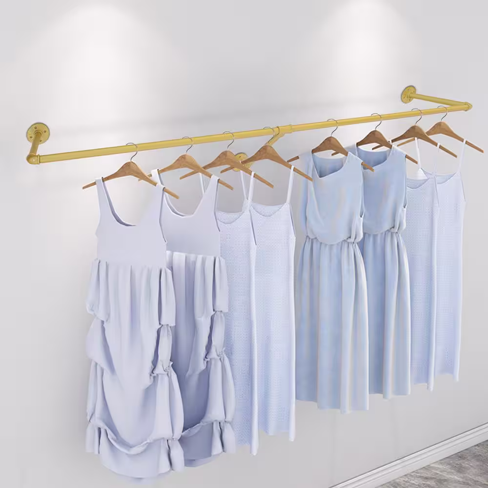 None Gold Iron Industrial Pipe Wall Mounted Clothes Rack Wedding Dress Bridal Garment Rack 11.8 in. W x 47 in. L