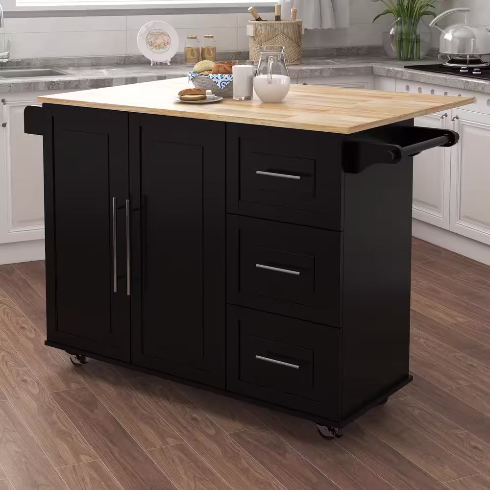 Tileon Black Kitchen Island with Spice Rack Towel Rack and Extendable Solid Wood Tabletop