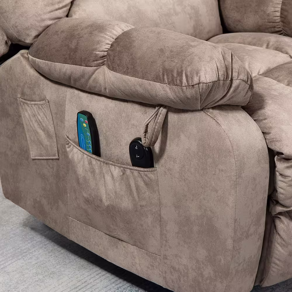 KINWELL Camel Chenille Fabric Power Electric Lift Vibration Massage Heating Overstuffed Breathable Recliner with Side Pocket