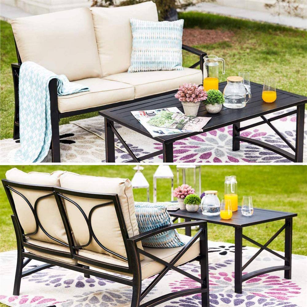 TOP HOME SPACE 5-Piece Metal Patio Conversation Set with Khaki Cushions