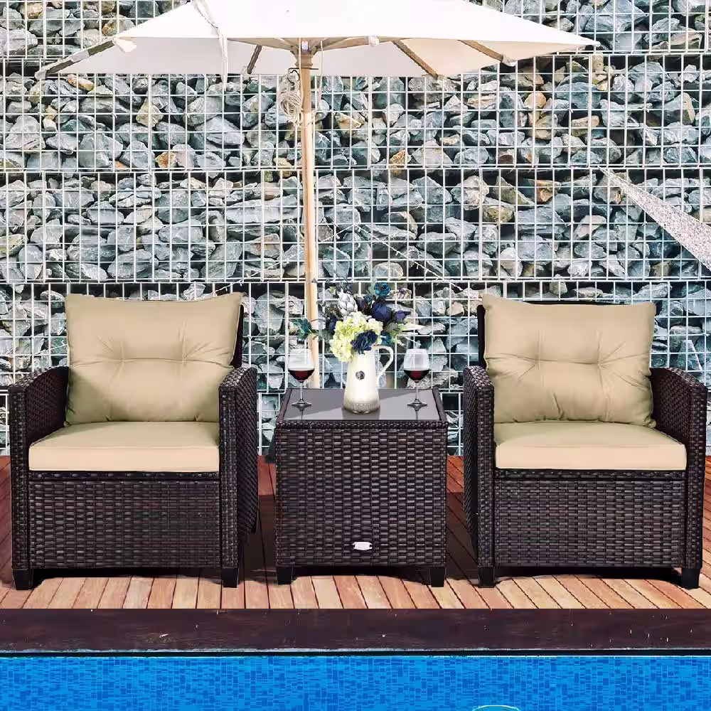 Costway 3-Piece Rattan Wicker Patio Conversation Set Sofa Coffee Table with Yellowish Cushions