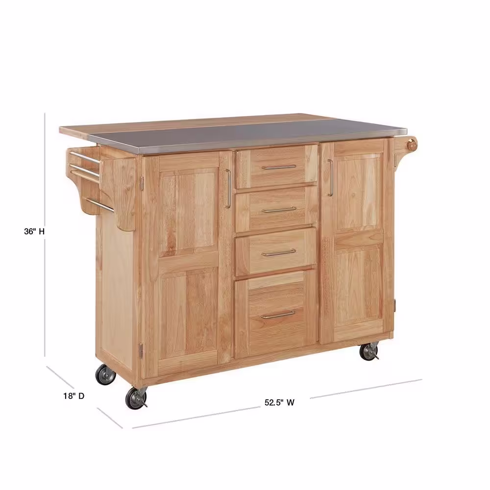 HOMESTYLES Natural Wood Kitchen Cart with Stainless Top and Breakfast Bar