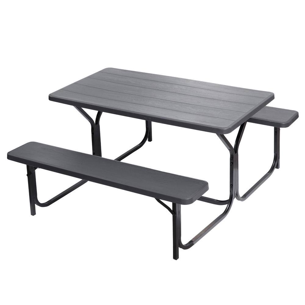 Gardenised Woodgrain Plastic and Metal Frame Steel Gray Outdoor Picnic Table Set