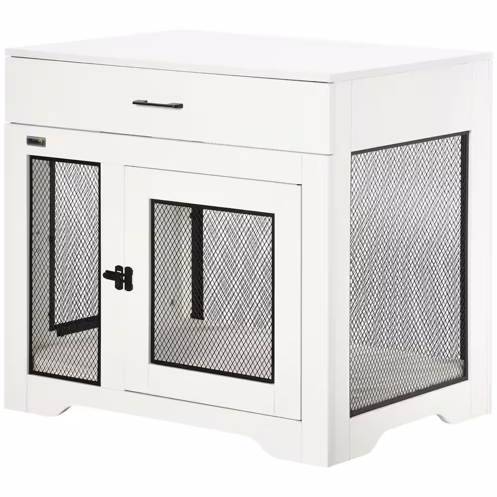 PawHut Dog Crate Furniture with Soft Water-Resistant Cushion, Dog Crate End Table with Drawer, White