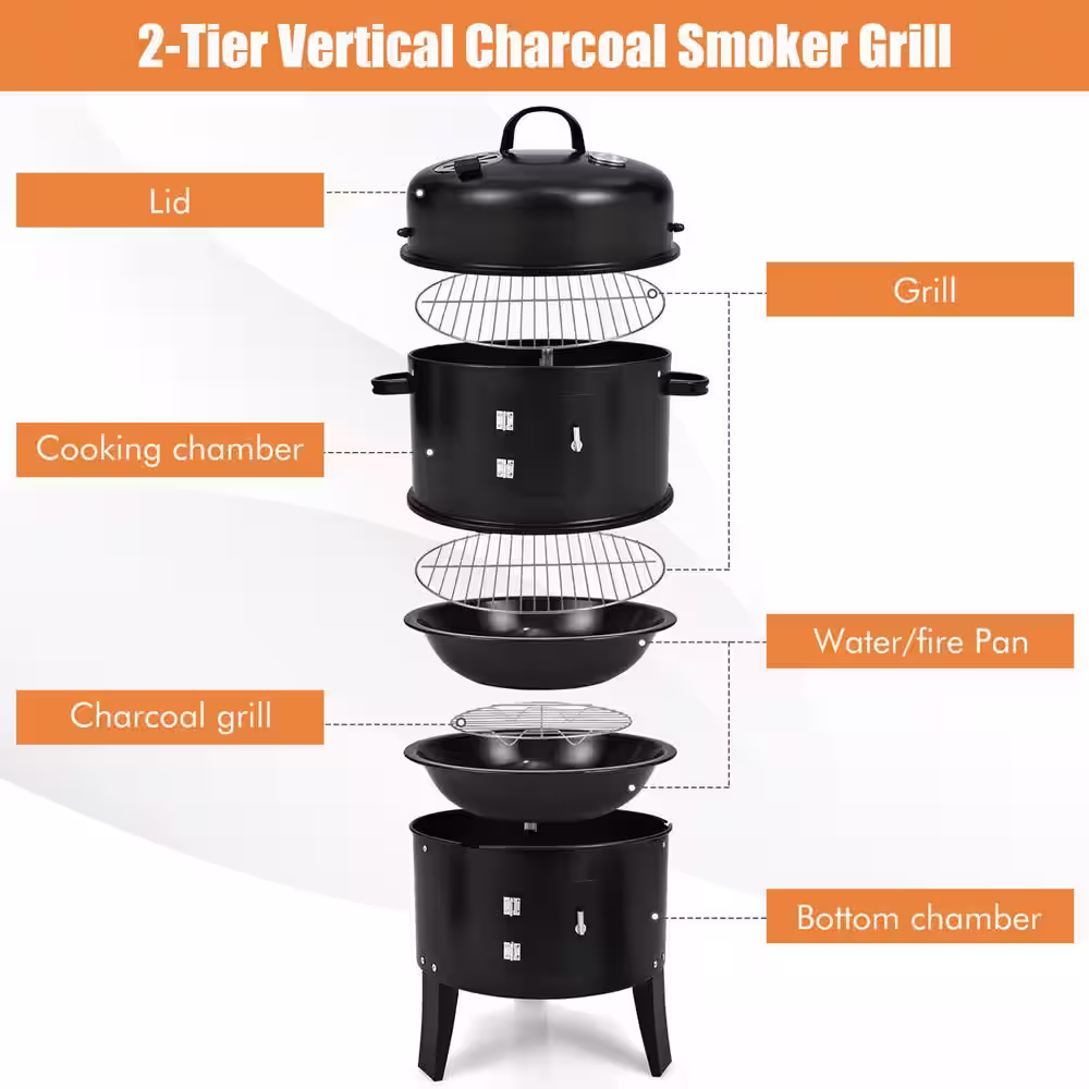 Gymax 3-In-1 Vertical Charcoal BBQ Smoker Grill Separable Black with Built-In Thermometer