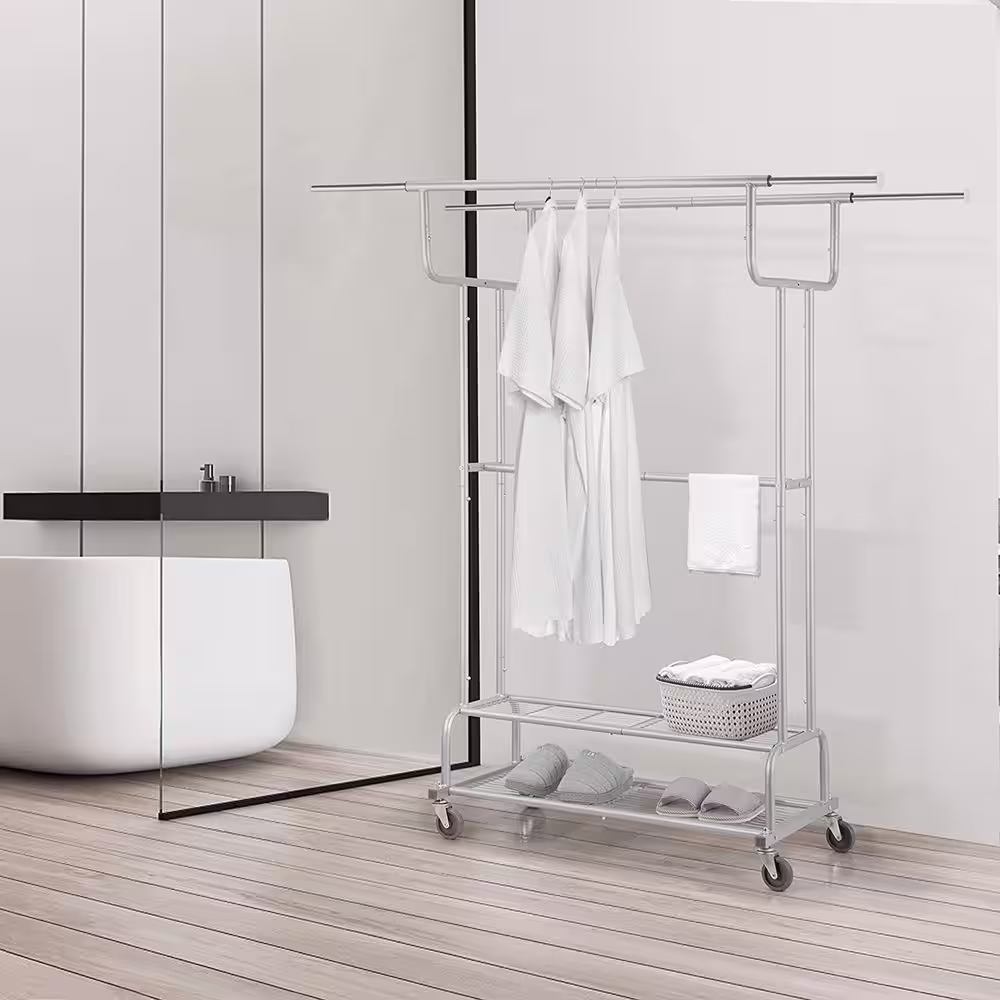 None White Metal Garment Clothes Rack With Double Rod 38 in. W x 62 in. H