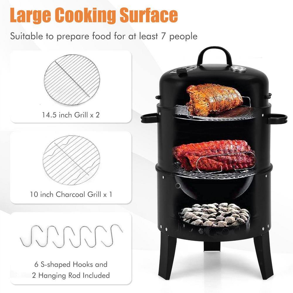 Gymax 3-In-1 Vertical Charcoal BBQ Smoker Grill Separable Black with Built-In Thermometer