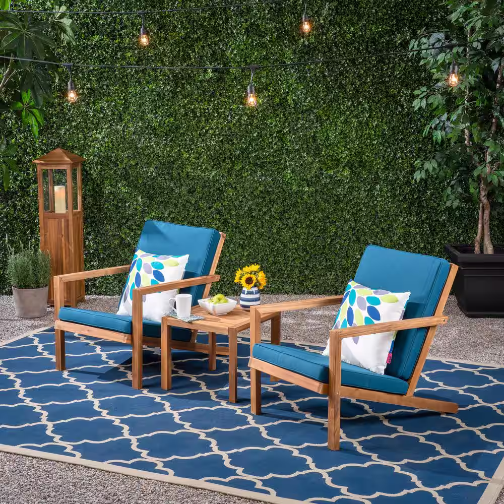 Noble House Leah Brown Patina 3-Piece Wood Patio Conversation Set with Dark Teal Cushions
