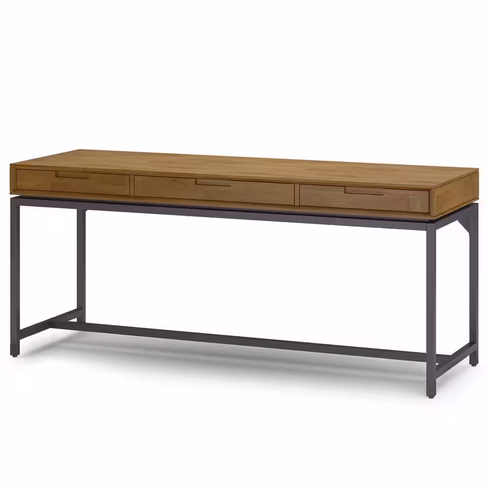 Simpli Home Banting 72 in. W Rectangle Medium Saddle Brown Solid Hardwood Mid Century Wide Desk