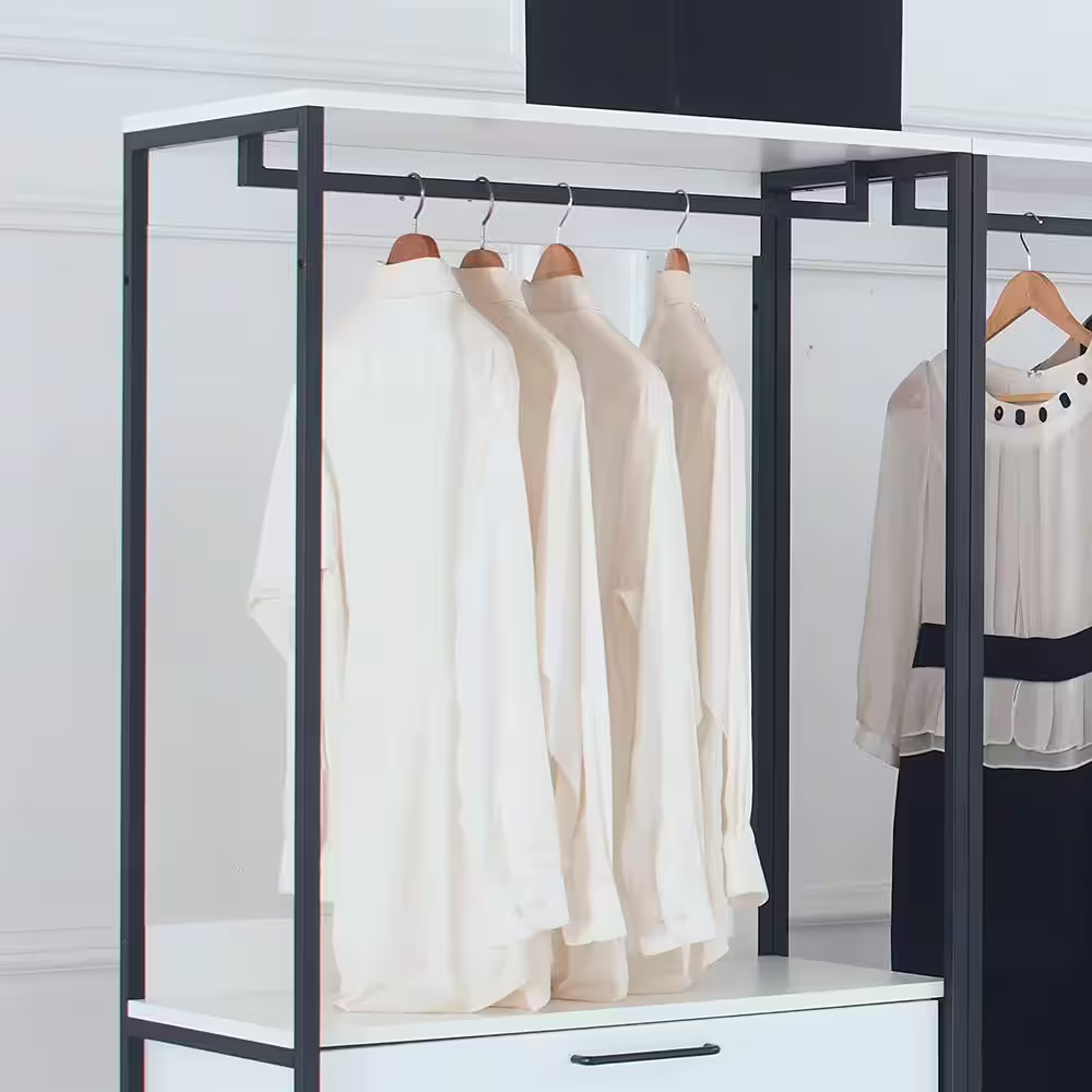 None Fiona 111 in. W White Freestanding 3 Tower System 7 -Shelf Walk in Wood Closet System with Metal Frame