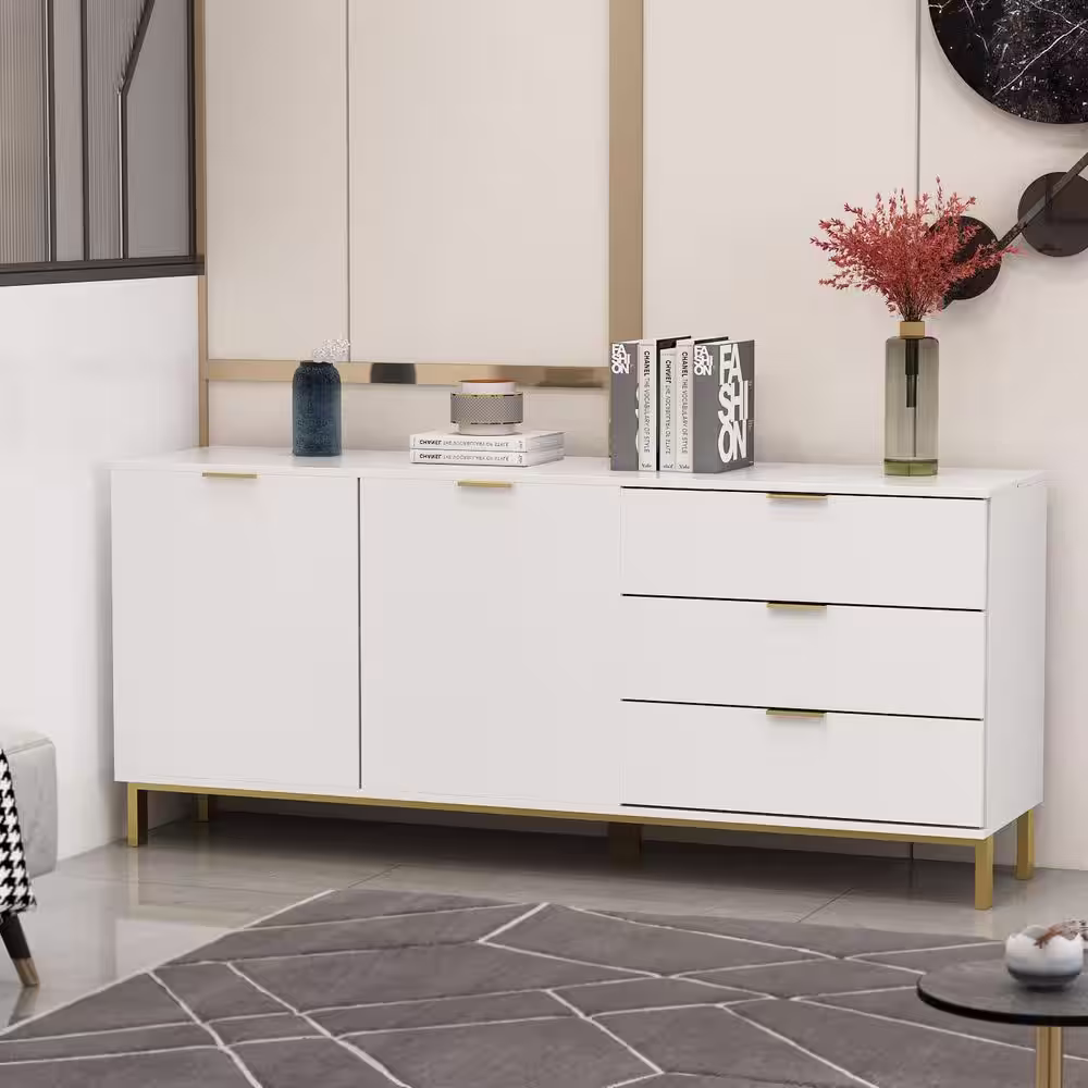 None 62.9 in. W White Paint Sideboard Kitchen Buffet Cupboard with Drawers and Shelves, Metal Legs