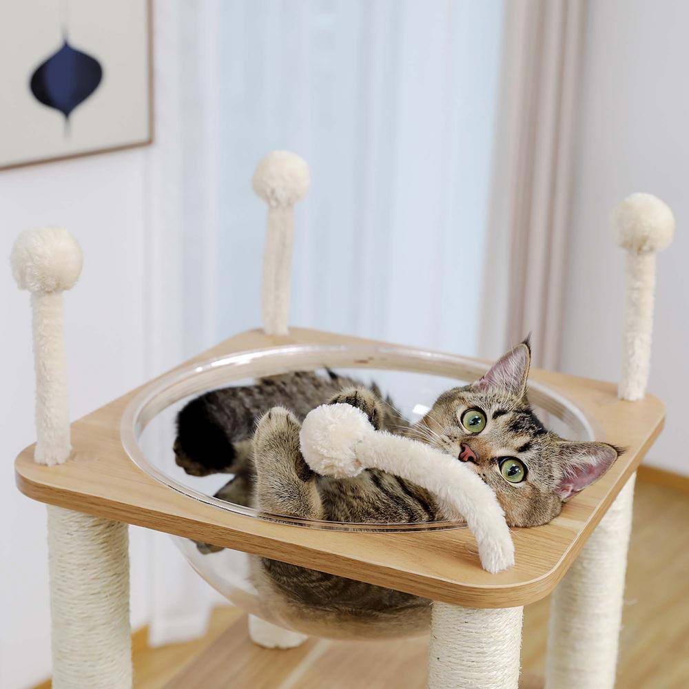Foobrues Wooden Cat Tree Multi-Level Cat Tower with Fully Sisal Covering Scratching Posts, Deluxe Condos and Capsule Nest