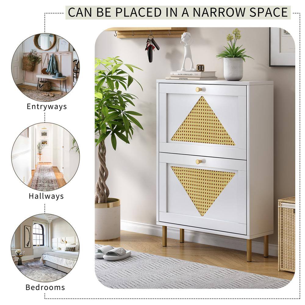 None 30.3 in. H x6.6 in. W Rattan Shoe Cabinet with 2 Flip Drawers,White