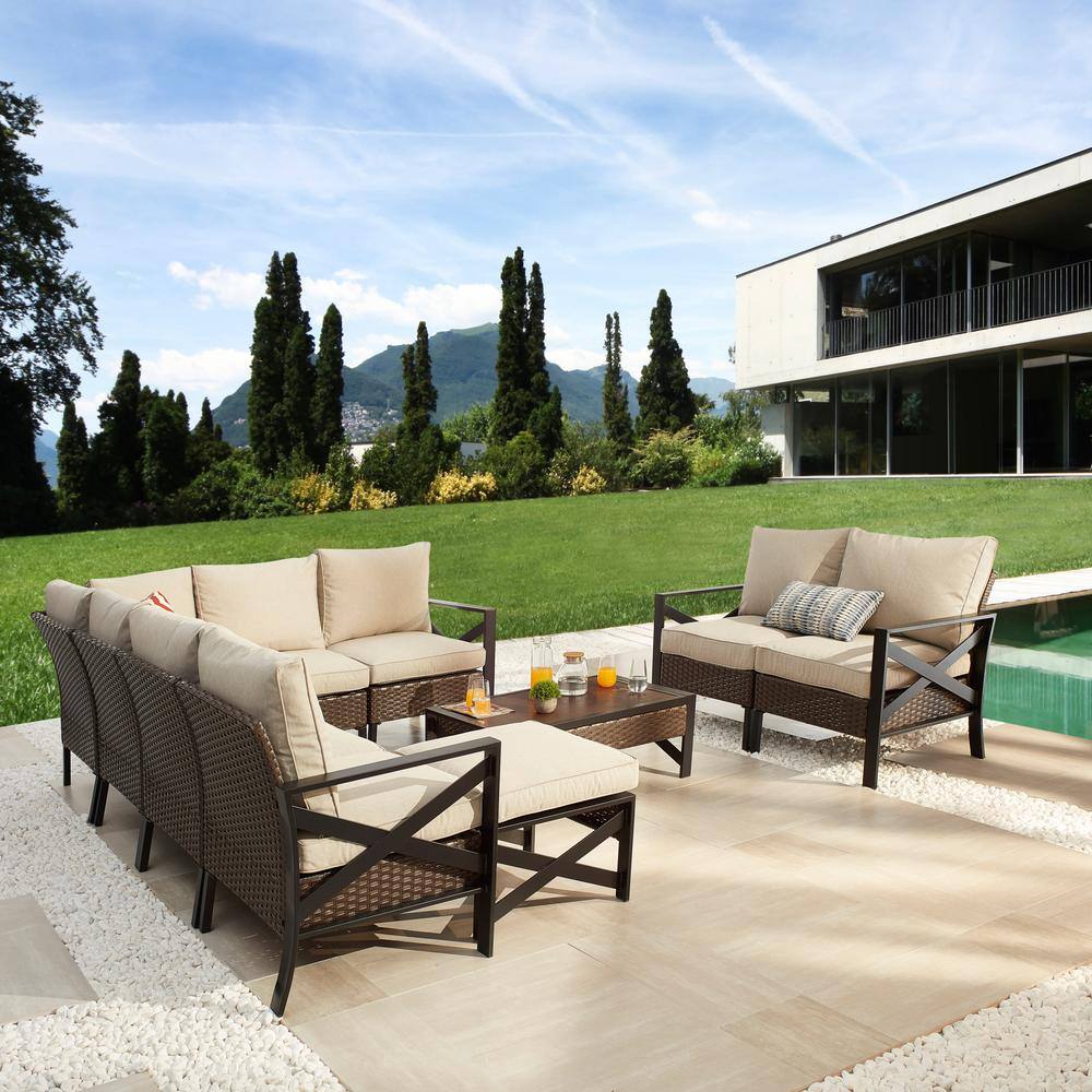 Patio Festival X-Arm 10-Pieces Wicker Conversation Set with Beige Cushions