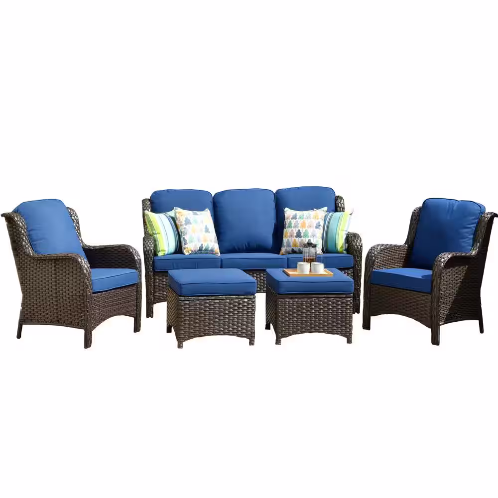 OVIOS New Kenard Brown 5-Piece Wicker Outdoor Patio Conversation Seating Set with Navy Blue Cushions