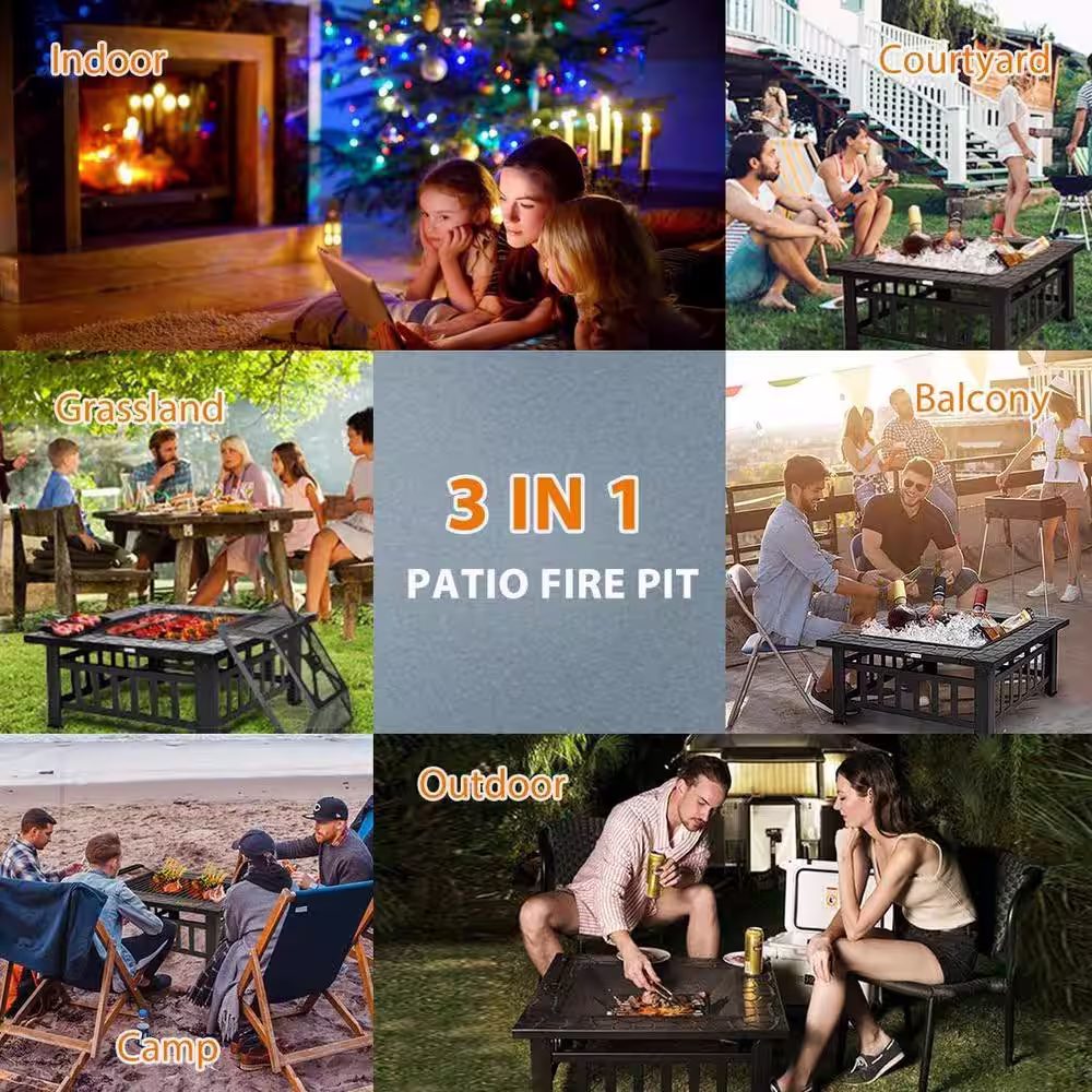 None Metal 32 inch Charcoal Fire Pit with Cover in Black