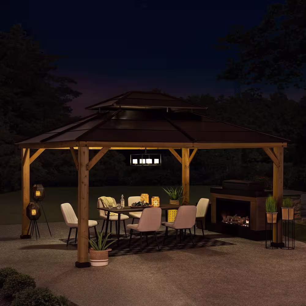 Sunjoy Myla 13 ft. x 15 ft. Cedar Gazebo with Brown Steel 2-Tier Hip Roof Hardtop