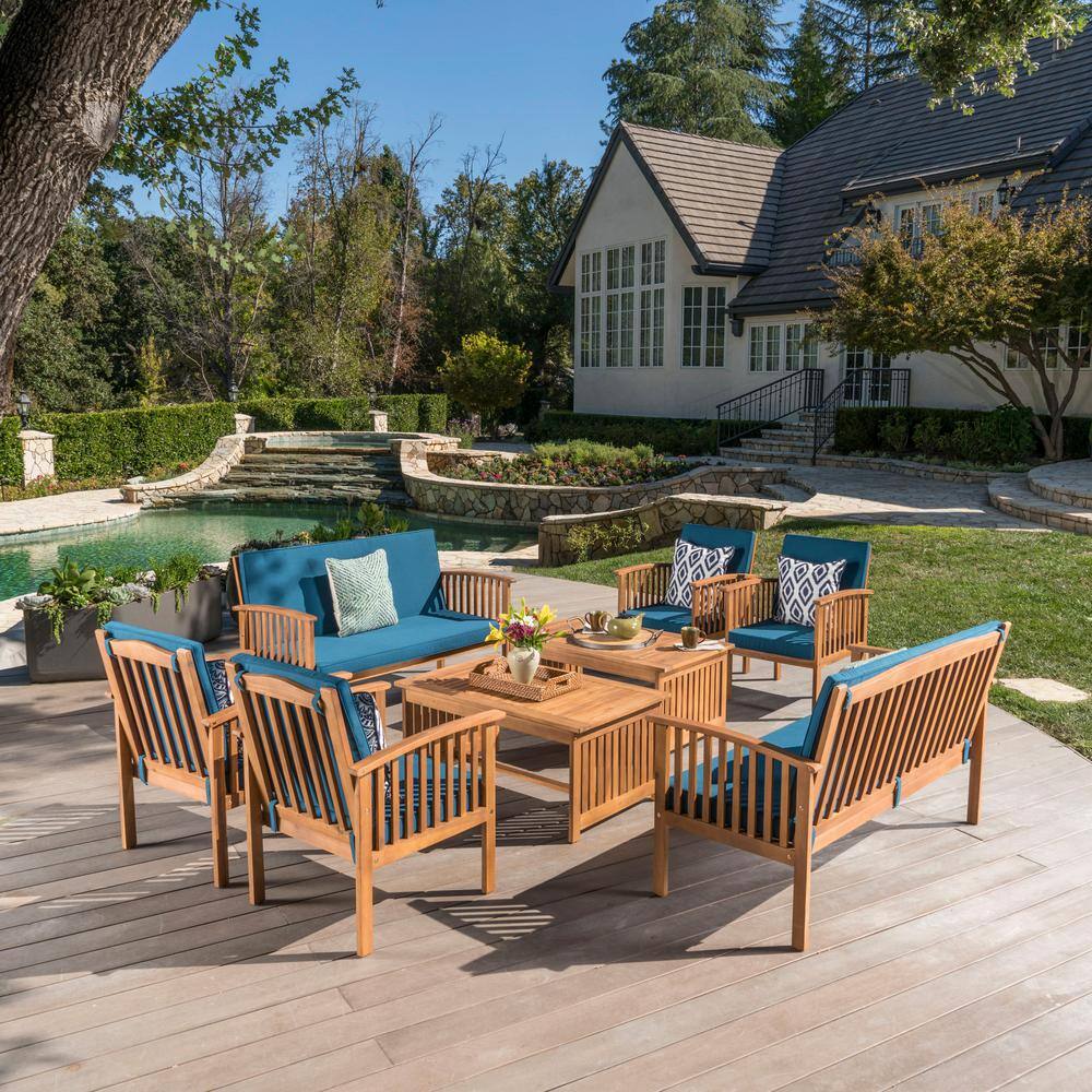 Noble House Thalia Brown 8-Piece Wood Patio Conversation Set with Dark Teal Cushions