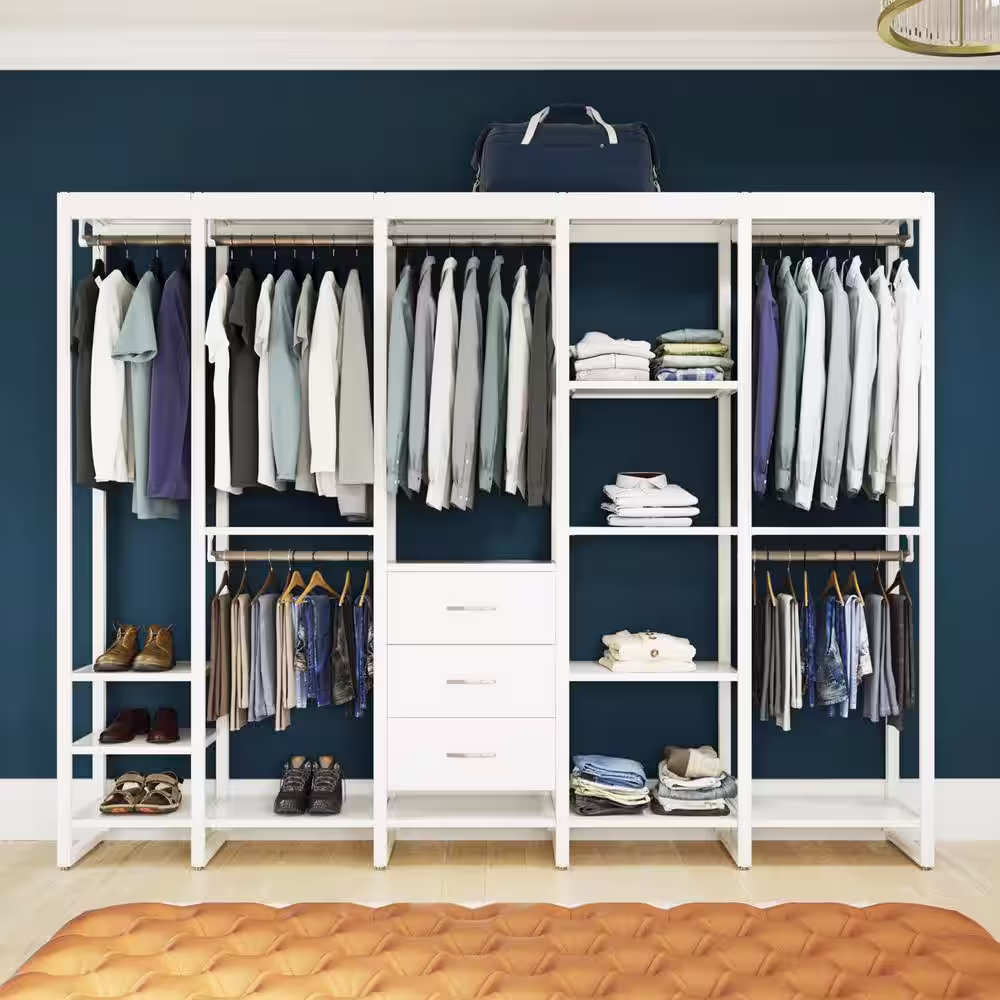 CLOSETS By LIBERTY 108 in. W White Adjustable Wood Closet System with 13-Shelves, 6-Rods and 3-Drawers
