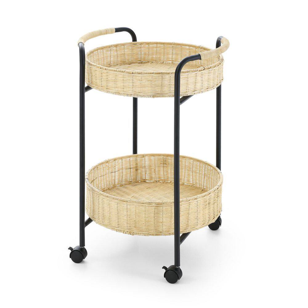 None 2-Teir Rattan Basket Storage shelves with Black Stoving Steel Frame