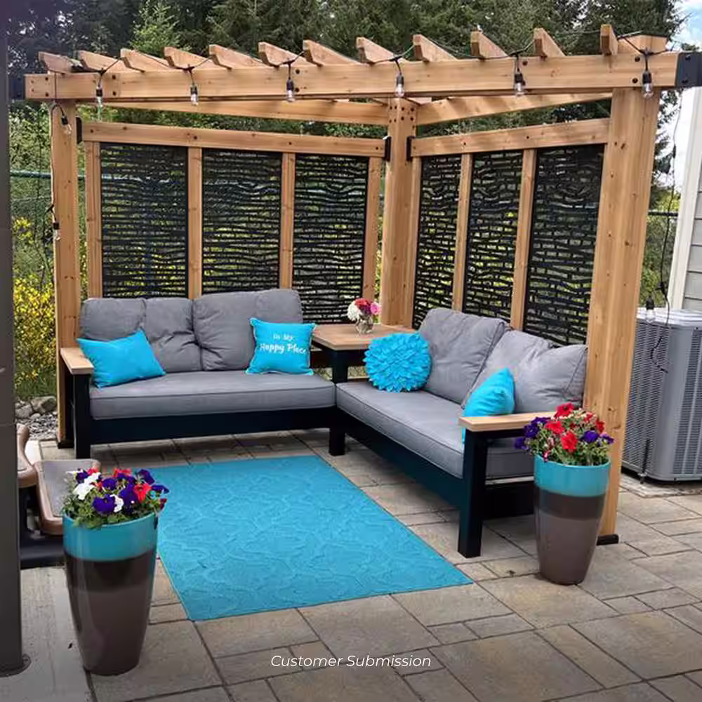 Backyard Discovery Tuscany 9 ft. x 9 ft. Light Brown Wooden Cabana Pergola with Bamboo Privacy Panels and Pumice Conversation Seating