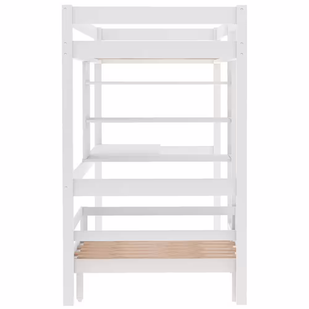 wetiny White Convertible Loft Bed with L-Shape Desk Twin Bunk Bed with Shelves and Ladder