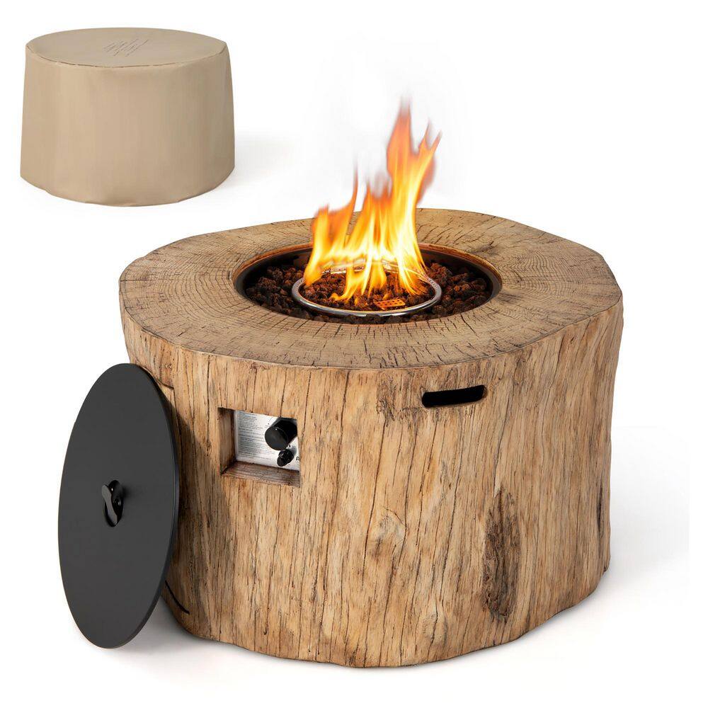 None 40 in. Stone Metal Round Propane Gas Fire Pit Table Wood-Like Surface with Laval Rock PVC Cover