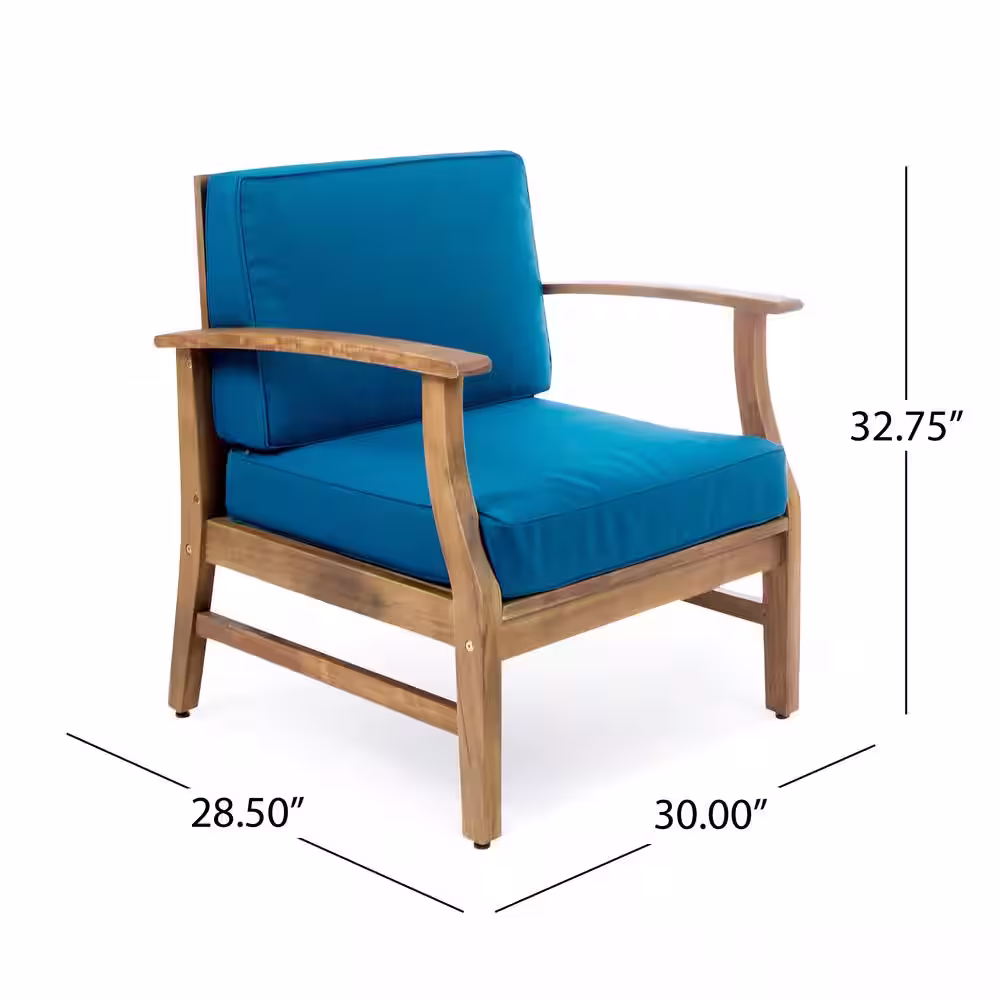 Noble House Perla Teak Brown 3-Piece Wood Patio Conversation Seating Set with Blue Cushions