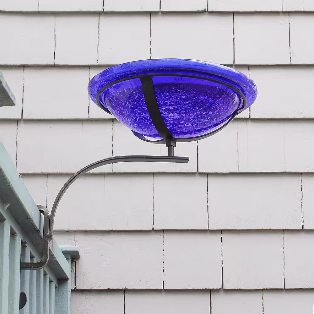Achla Designs 12.5 in. Dia Cobalt Blue Reflective Crackle Glass Birdbath Bowl with Rail Mount Bracket