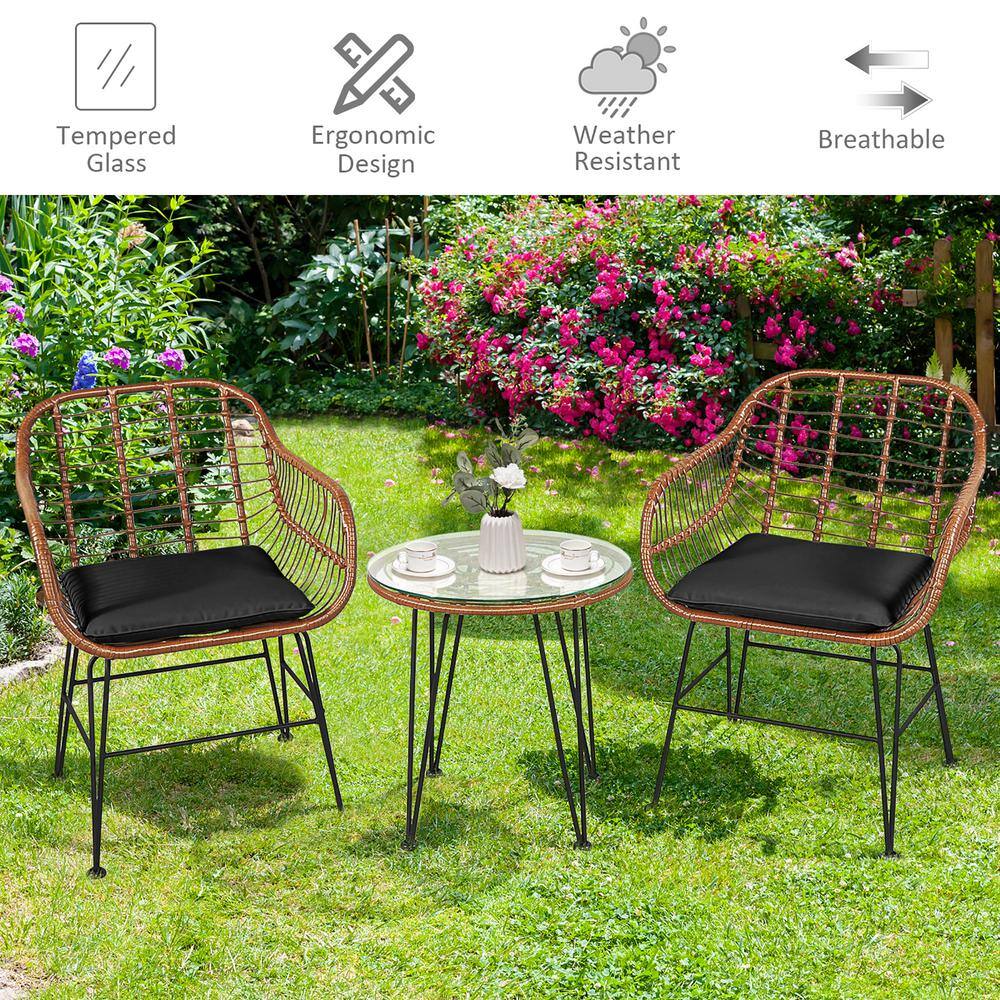 Costway 3-Piece Wicker Patio Rattan Bistro Set Coffee Table Armchair Garden Black Cushion