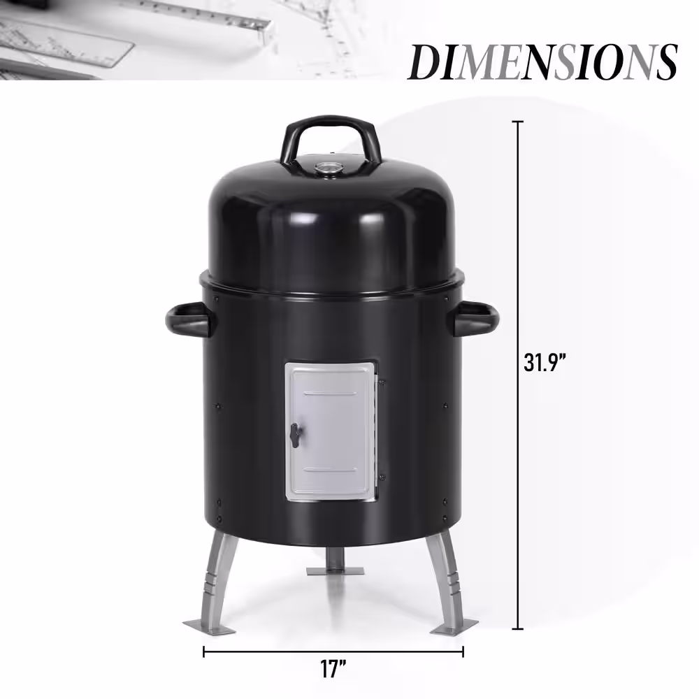 None 17 in. Charcoal Smoker in Black with Cover and Built-In Thermometer