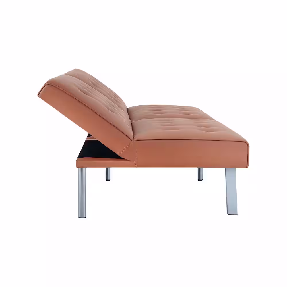 HOMESTOCK 68.5 in W Caramel Tufted Split Back Futon Sofa Bed, Faux Leather Couch Bed, 3-Seat Futon Convertible Sofa Bed