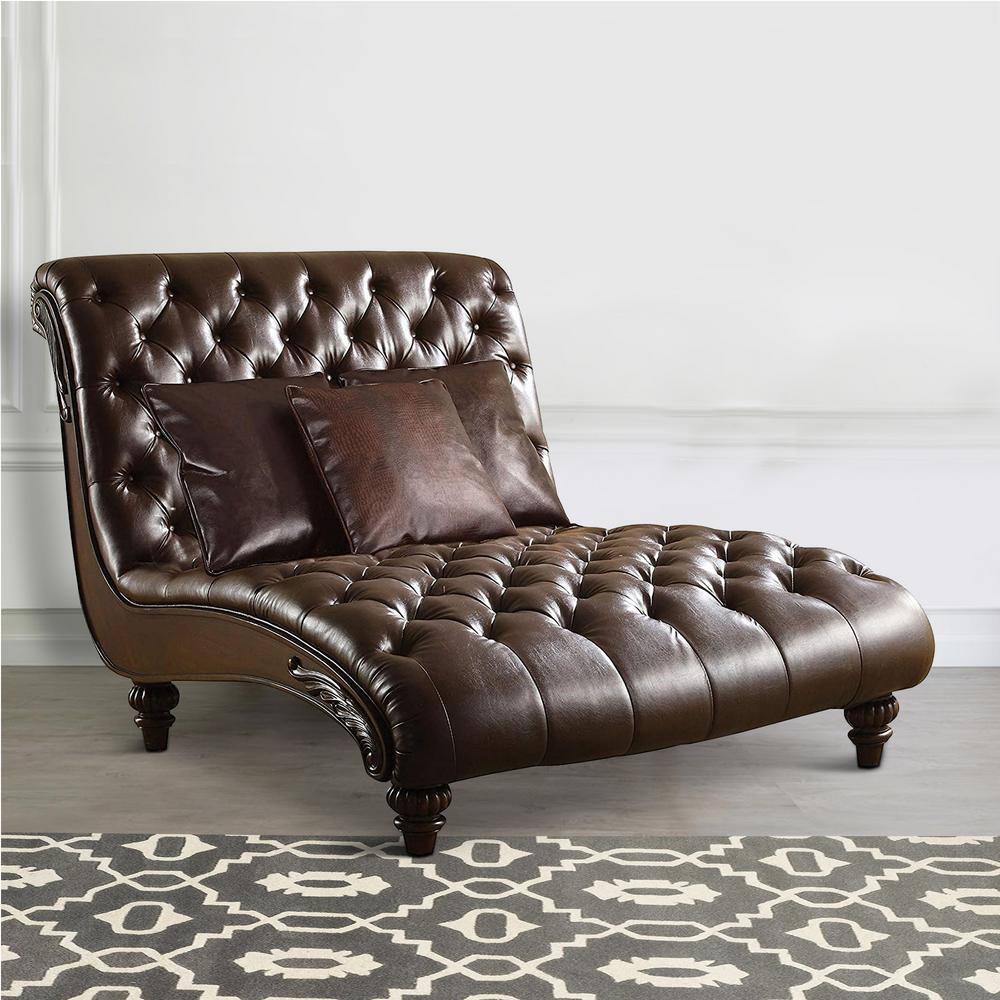 Benjara Brown Leather Upholstered Chaise with 3-Pillows