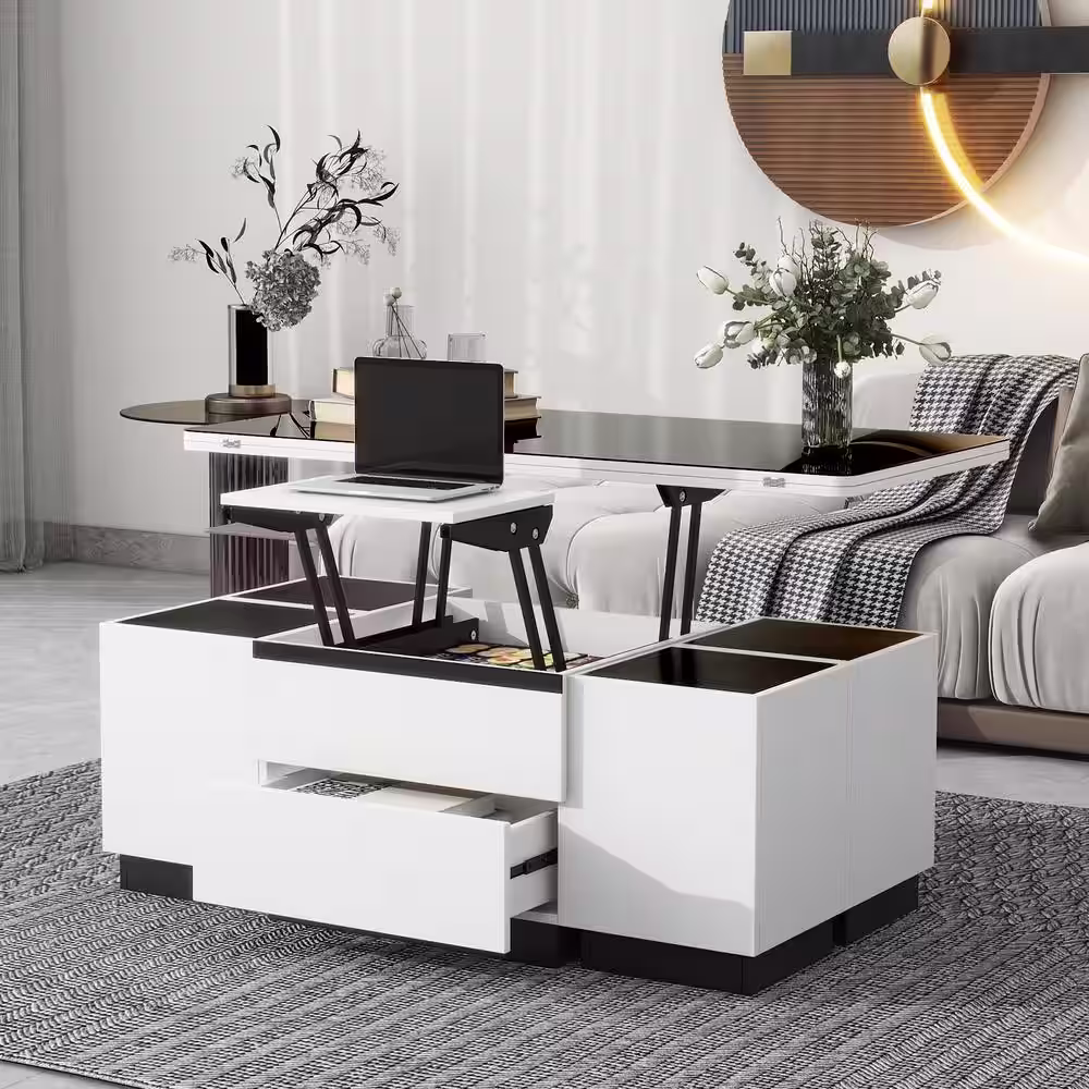 Harper & Bright Designs Modern 47.2 in. Black and White Rectangle Tempered Glass Lift Top Coffee Table with Drawers and Cabinets