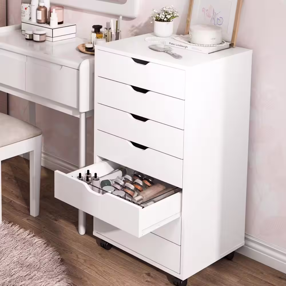 None Mobile 18.9 in. W x 34.5 in. H x 15.7 in. D Wood Freestanding Cabinet in White with Drawers