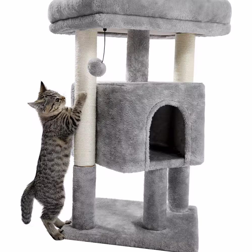 Foobrues Small Cat Tree for Indoor Cats Polyester Plush Cat Tower with Beige Condos, Spacious Perch, Scratching Sisal Posts