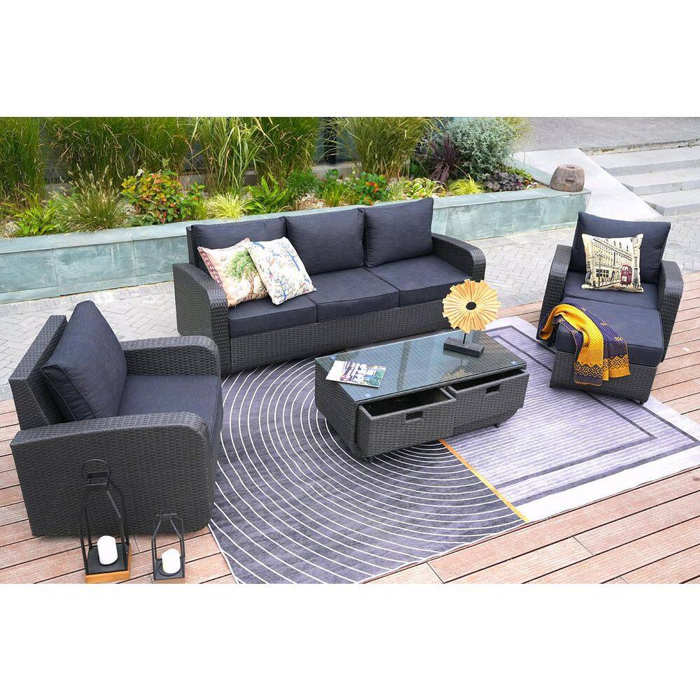 DIRECT WICKER Strathmere Black 5-Piece Wicker Patio Conversation Set with Black Cushions