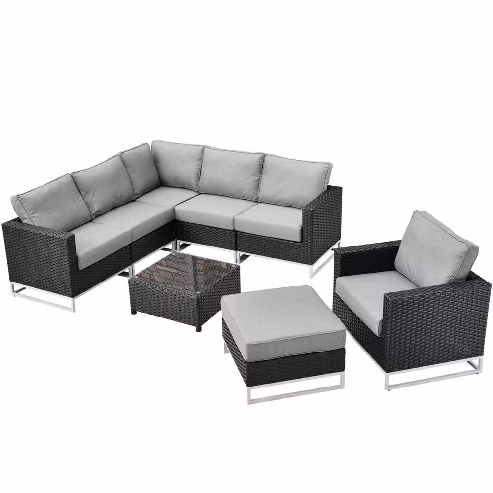 None Aries Black 8-Piece No Assembly Wicker Outdoor Patio Conversation Sectional Sofa Set with Dark Gray Cushions