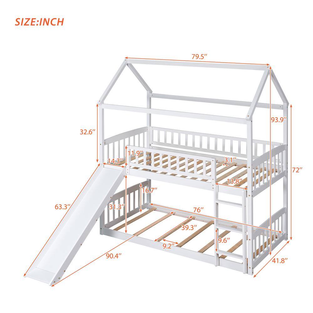 Harper & Bright Designs White Twin Over Twin Wood House Bunk Bed with Slide and Ladder