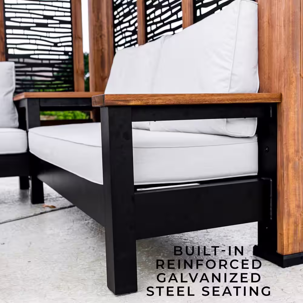 Backyard Discovery Tuscany 9 ft. x 9 ft. Light Brown Wooden Cabana Pergola with Bamboo Privacy Panels and Pumice Conversation Seating