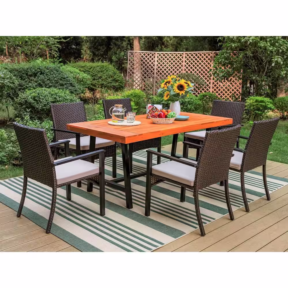 None Black 7-Piece Metal Patio Acacia Wood Outdoor Dining Set with Rectangular Table and Rattan Chair with Beige Cushion