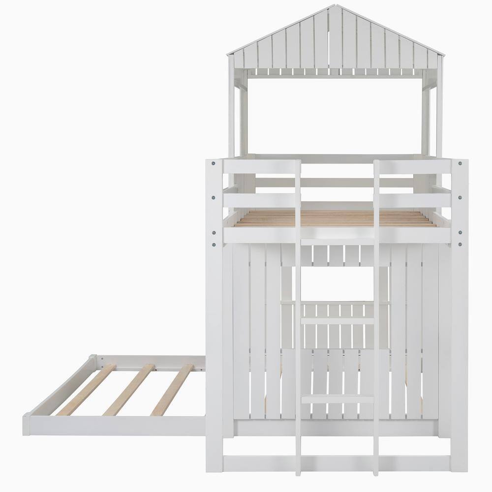 Harper & Bright Designs White Twin Over Full Wooden Playhouse Bunk Bed with Ladder and Guardrails