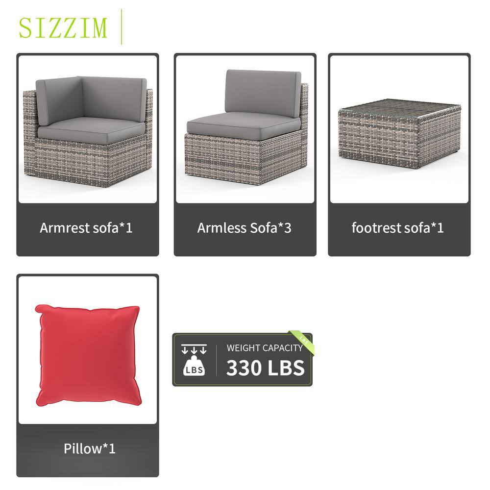 None 5-Piece Wicker Patio Set Conversation Set with Coffee Table, Grey Cushion