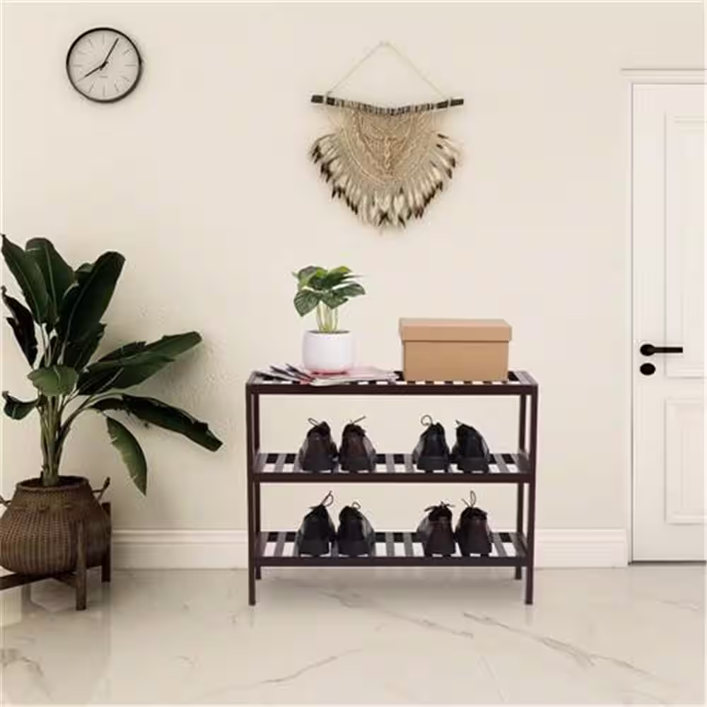 None 27.6 in. L x 9.8 in. W x 21.65 in. H 12-Pairs 3-Tier Brown Bamboo Shoe Rack