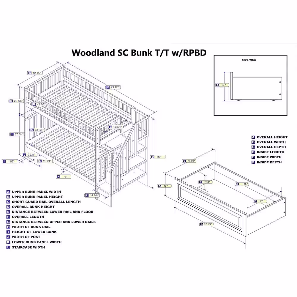 AFI Woodland Staircase Bunk Bed Twin over Twin with 2 Raised Panel Bed Drawers in Walnut